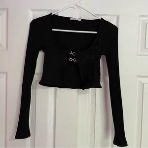 Zara- Women’s Black Long Sleeve Cut Out Knit Ribbed Top